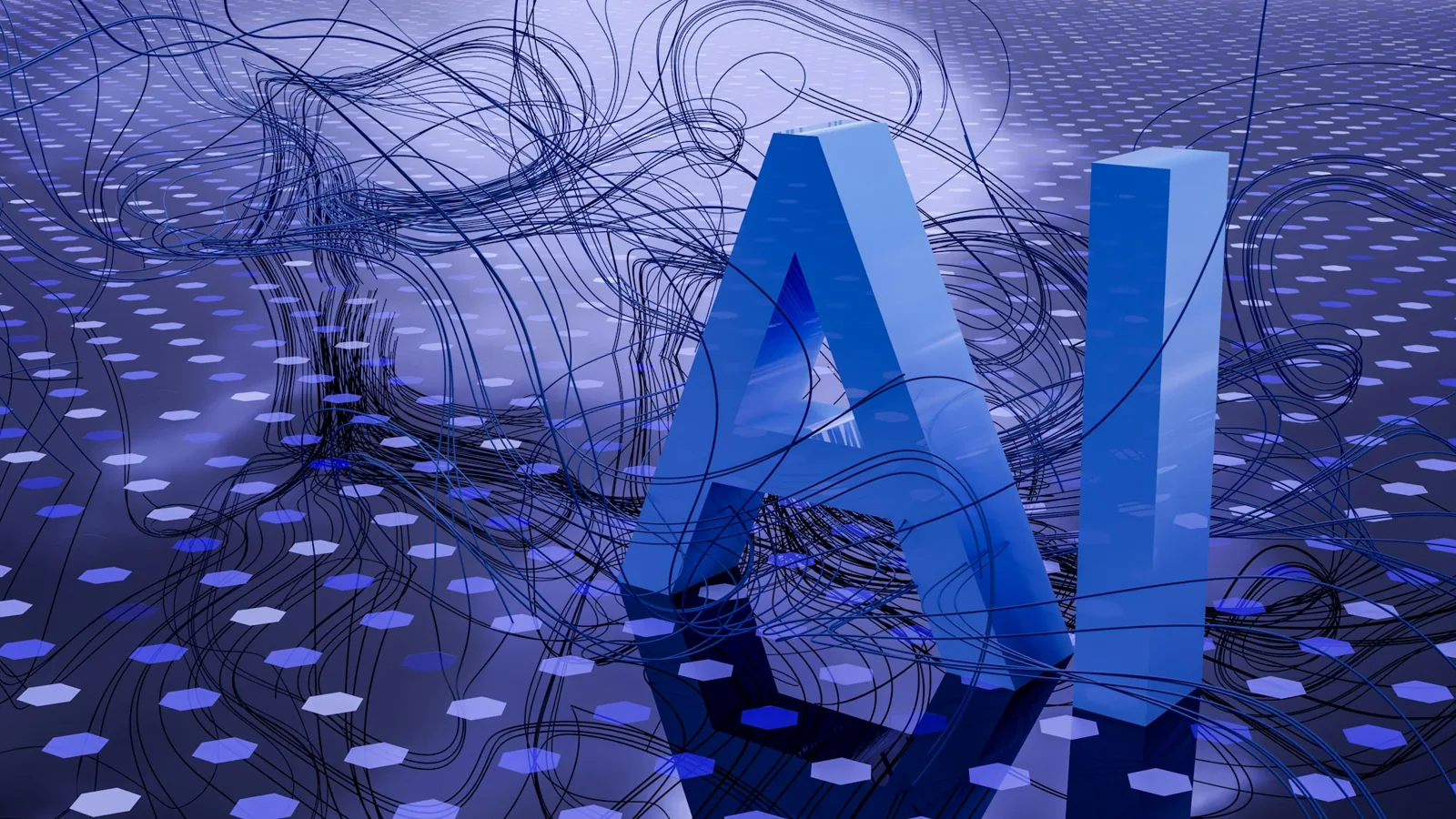 Three-dimensional AI lettering surrounded by abstract connected lines