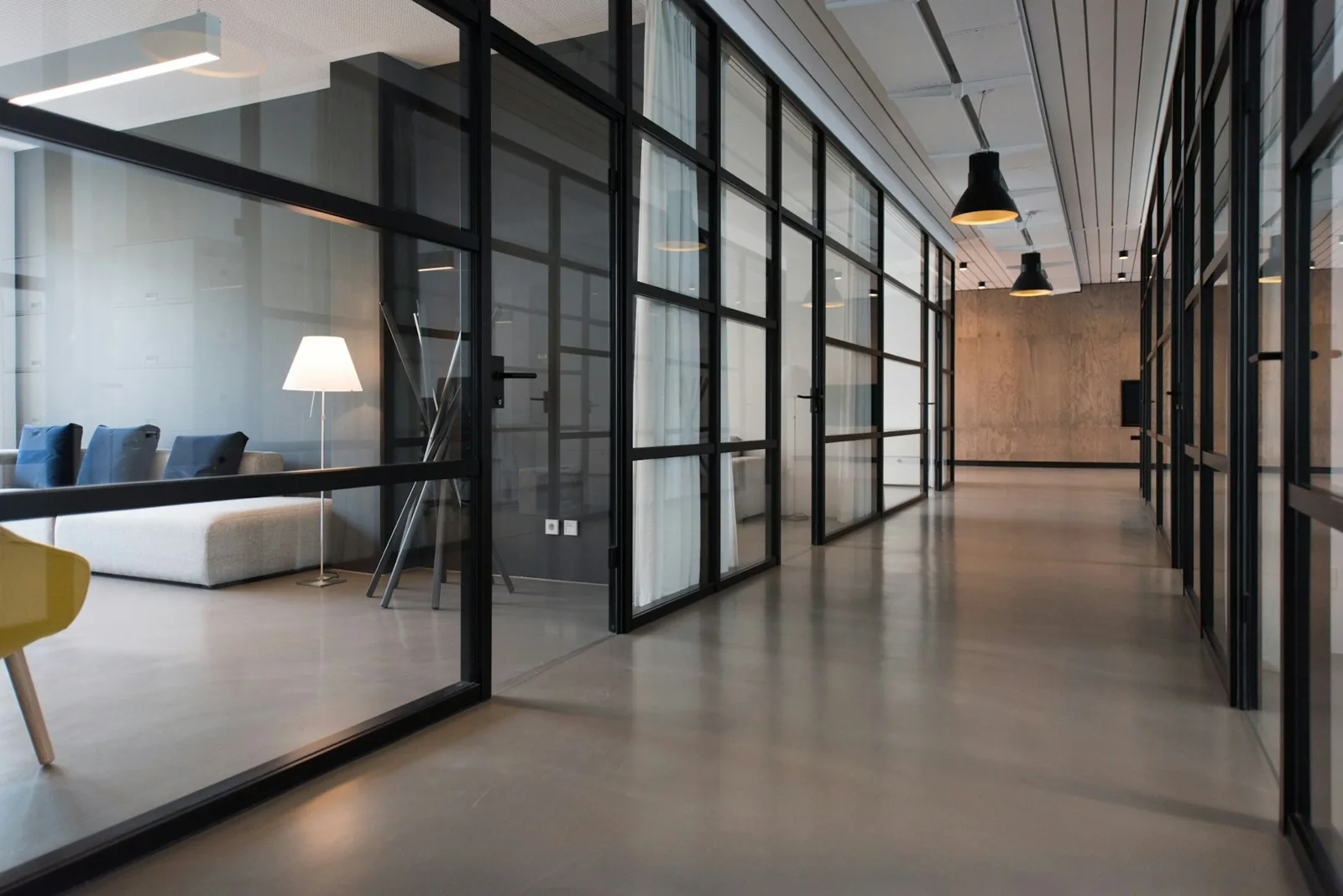 Light-filled open-plan workspace with desks and plants